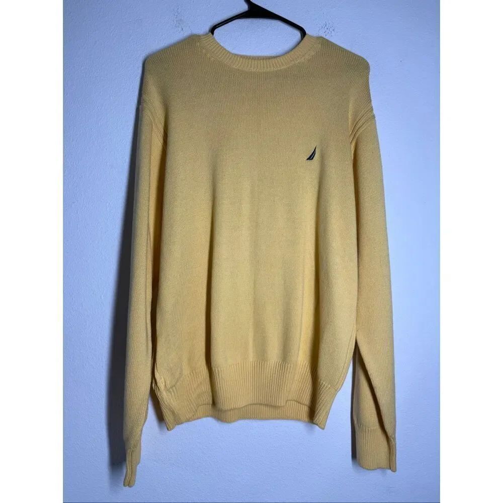 Nautica Men’s Cotton Yellow Sweater Embroidered Logo Crewneck Size M
